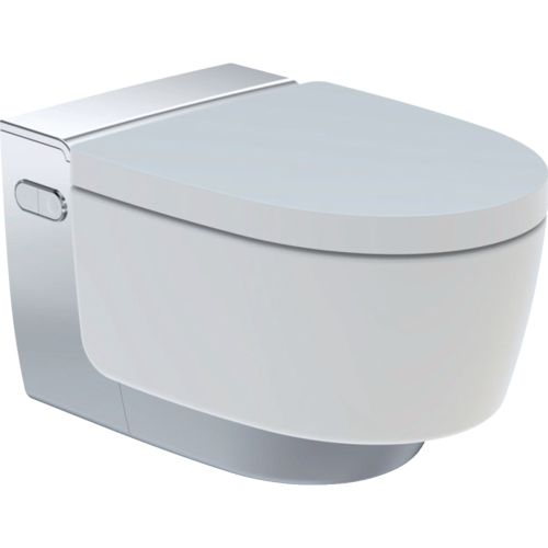 AQUACLEAN MERA COMFORT WALL HUNG WC COMPLETE COLUTION CHROME WITH SOFT CLOSE LID GEBERIT