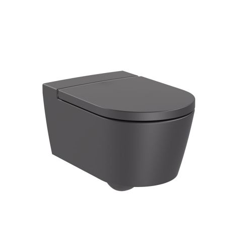 WALL-HUNG WC INSPIRA ROUND COMPACT RIMLESS WITH HORIZONTAL OUTLET WITH SOFT CLOSE SEAT AND COVER ONYX ROCA