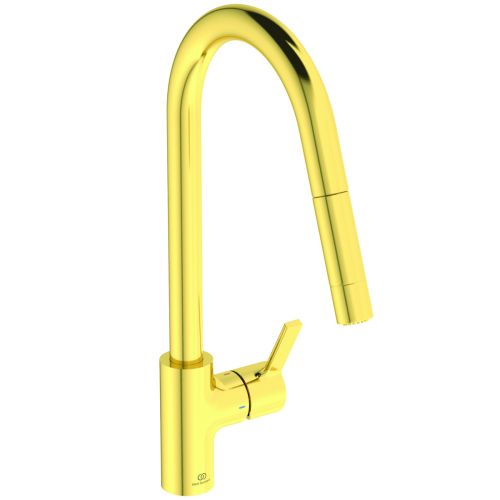 KITCHEN MIXER GUSTO HIGH ATTACHED R TUBULAR SPOUT PULL DOWN SPRAY BRUSHED GOLD IDEAL